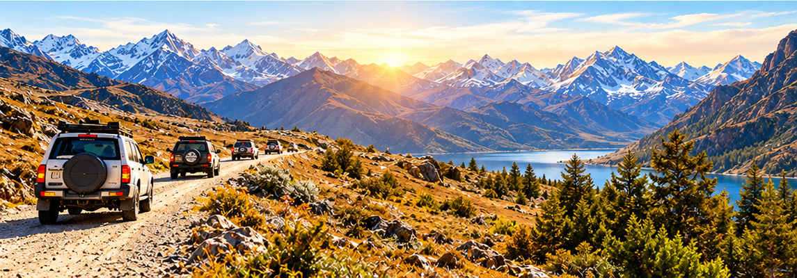 An Adventure Drive convoy travelling through a mountain landscape at sunrise
