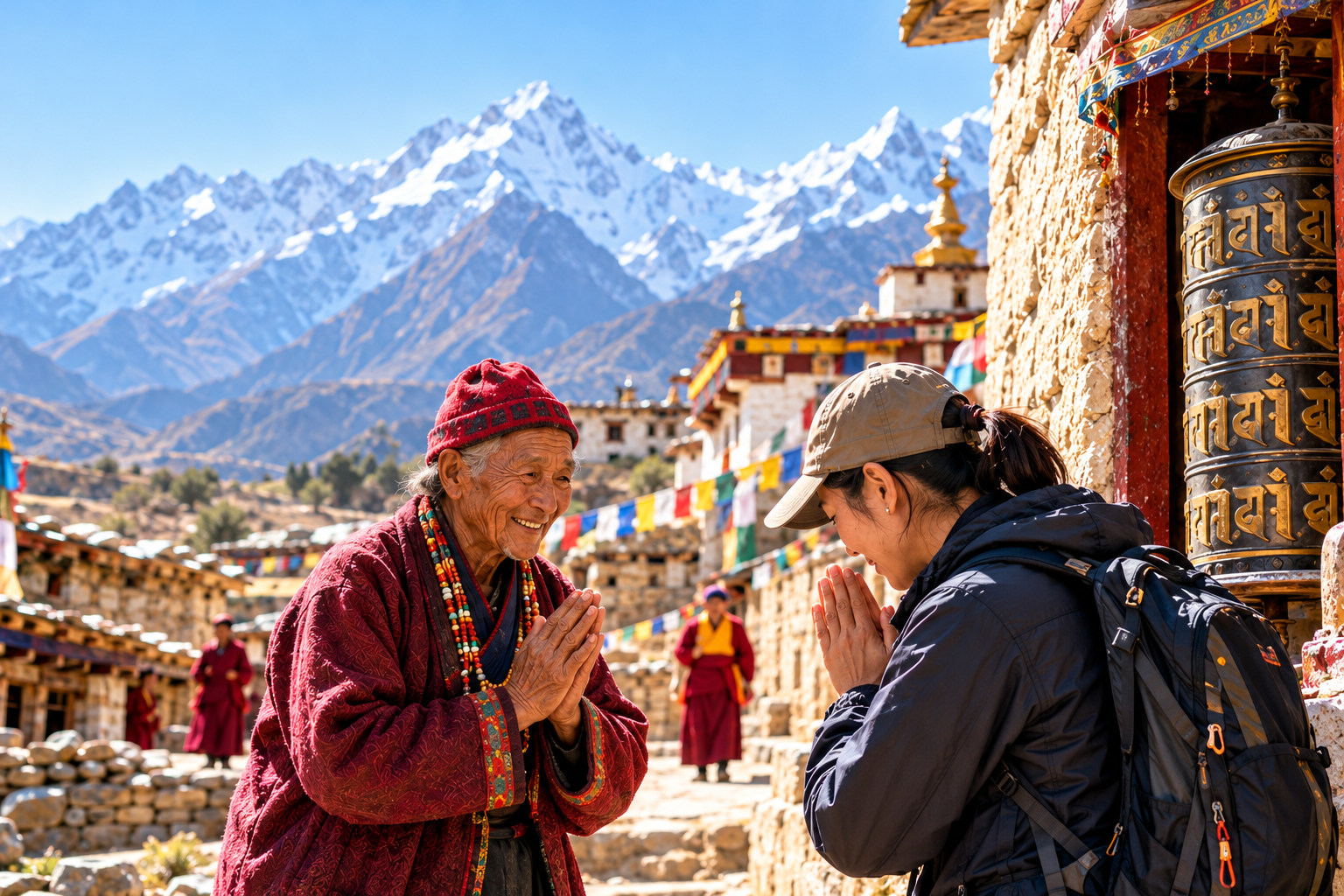 A traveller greeting a local elder beside monastery prayer wheels